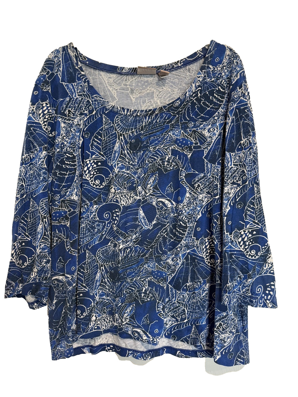 Chico's Fish Print Tee Blue Size 3 (XL) 3/4 Sleeve Coastal Beach vibes Casual